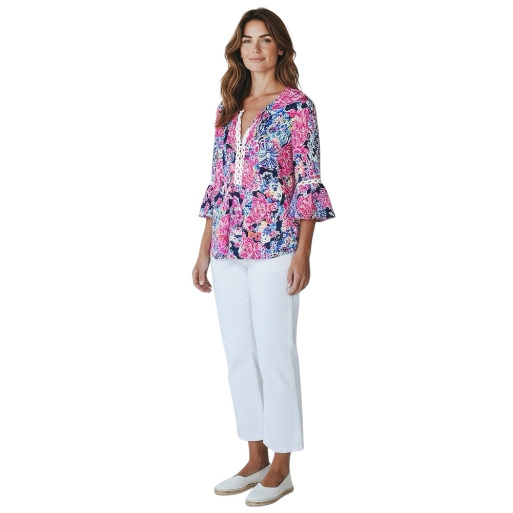 Lilly Pulitzer Womens Top Bell Sleeves Pink Blue Size Medium/Large